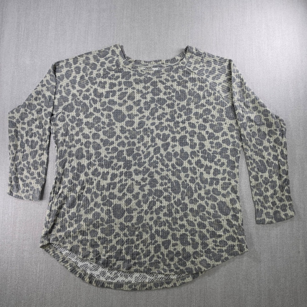 Peace & Pearls Waffle Knit Top Women XXL Gray Leopard Print Raglan‎ Sleeve